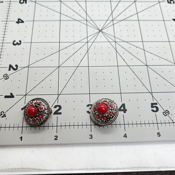 Vintage Austria Clip-On Earrings Silver Tone Dome Red Stone Cabochons - Picture 2 of 6